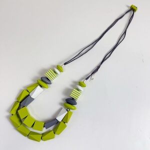 Statement Necklace Wooden Beads Neon Green Gray Adjustable